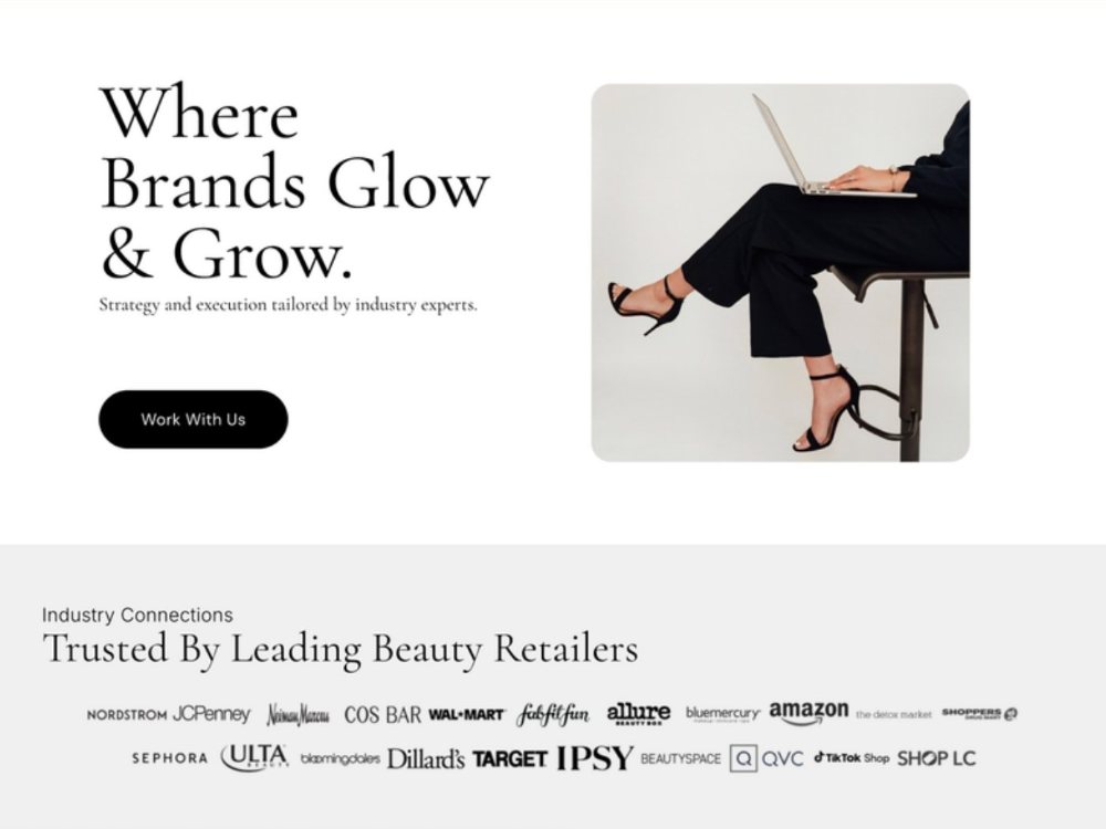 Homepage reading Where Brands Glow and Grow, with a row of retailer logos